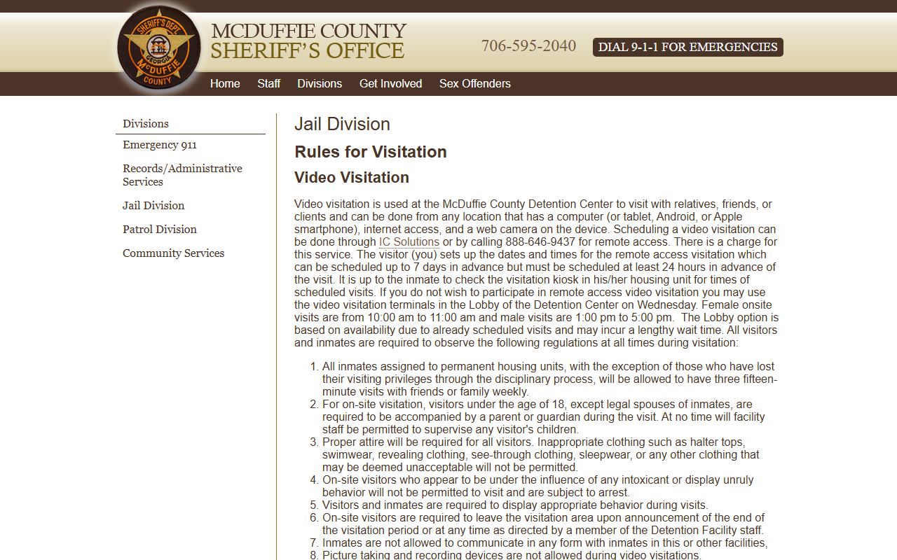 McDuffie County Jail detention center visitation bond and jail report information