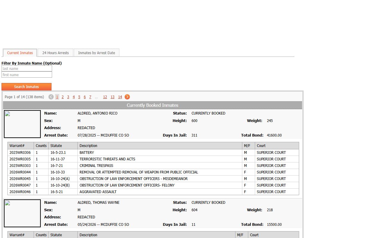 McDuffie County inmate population current inmates roster search